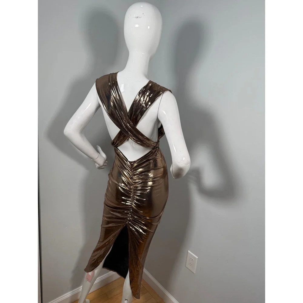 Micas Metallic Gold Open Back Midi Dress‎ size M